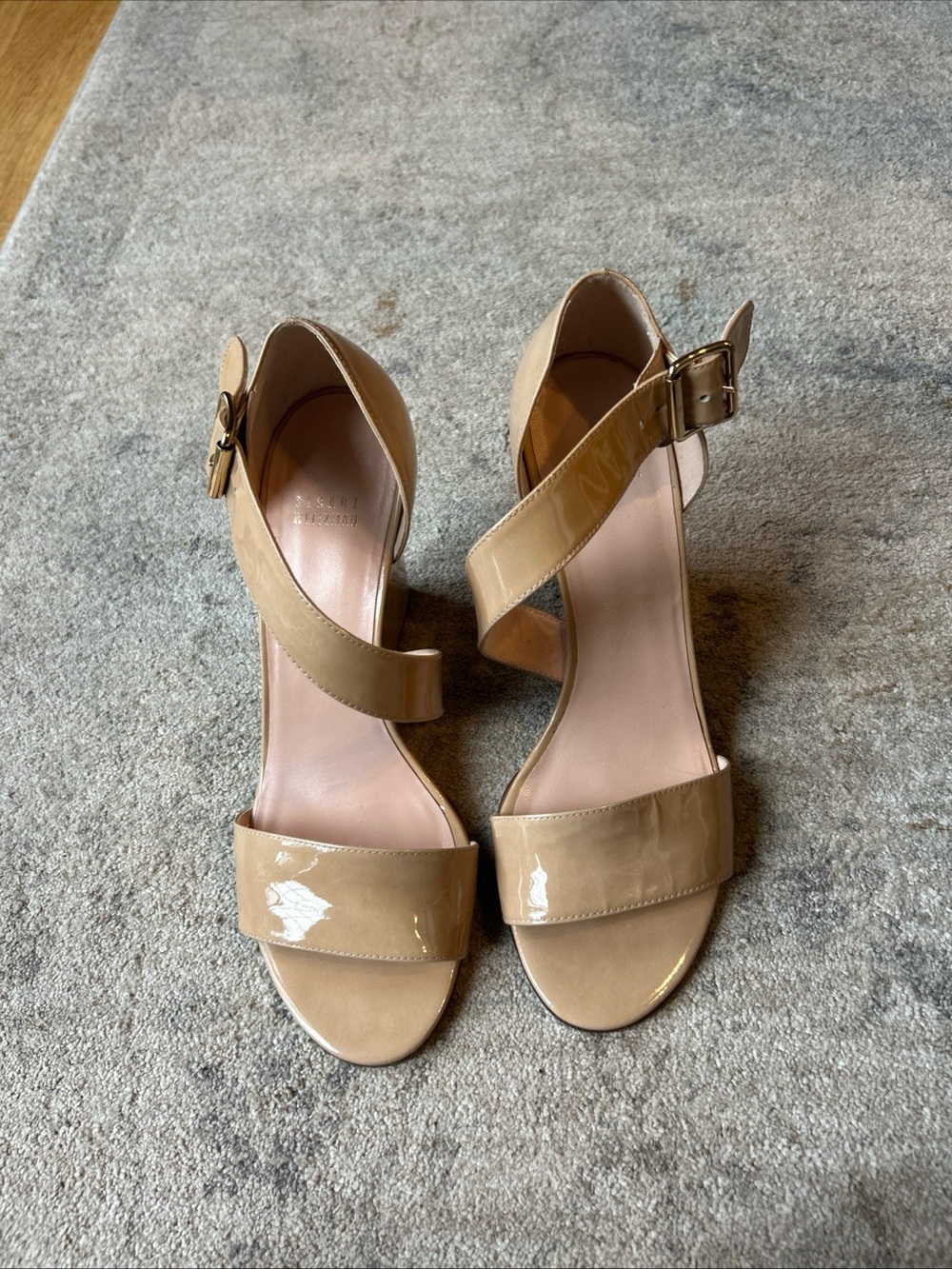 Stuart Weitzman Nude Patent Leather Wedge Sandals - Picture 7 of 7
